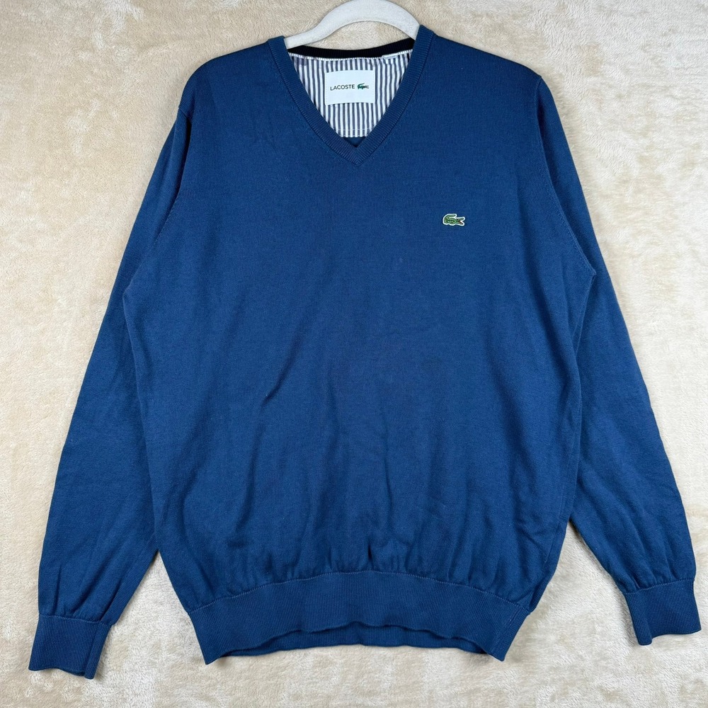 Lacoste Mens XL Blue‎ V-Neck Cotton Knit Sweater Logo Pullover Classic Preppy